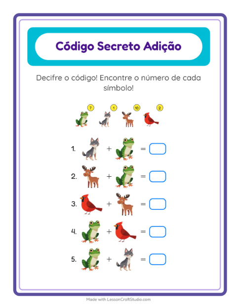Pré-visualização da ficha de Adição Com Código com Criaturas da floresta para Educação infantil (pré-escola, 5-7 anos)