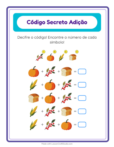 Pré-visualização da ficha de Adição Com Código com Dia de Ação de Graças para Educação infantil (pré-escola, 5-7 anos)
