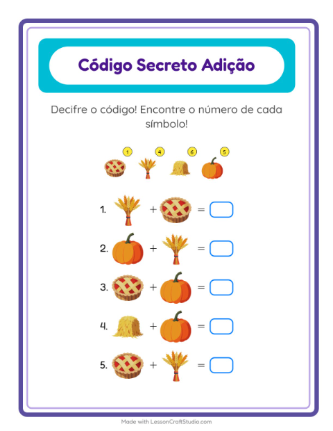 Pré-visualização da ficha de Adição Com Código com Dia de Ação de Graças para Educação infantil (pré-escola, 5-7 anos)