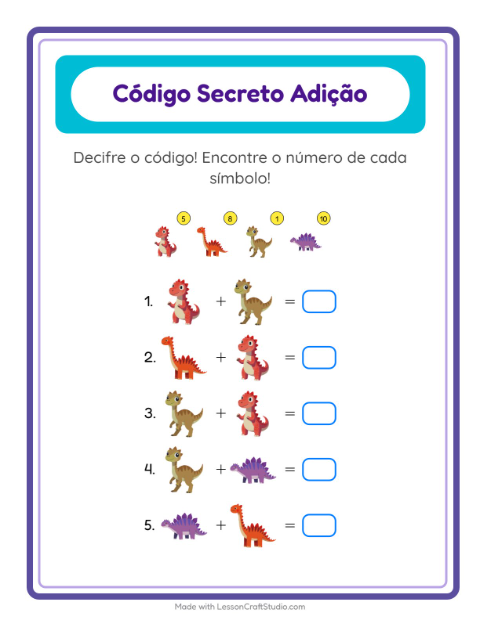 Pré-visualização da ficha de Adição Com Código com Dinossauros para Educação infantil (pré-escola, 5-7 anos)