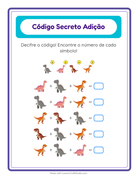 Pré-visualização da ficha de Adição Com Código com Dinossauros para Educação infantil (pré-escola, 5-7 anos)