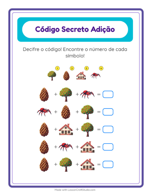 Pré-visualização da ficha de Adição Com Código com Diversos para Educação infantil (pré-escola, 5-7 anos)
