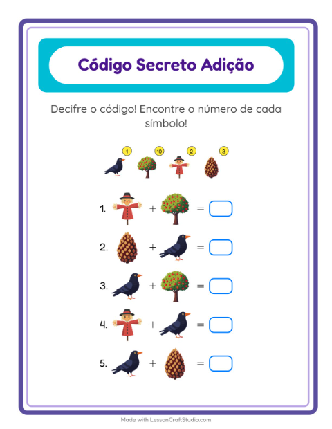 Pré-visualização da ficha de Adição Com Código com Diversos para Educação infantil (pré-escola, 5-7 anos)