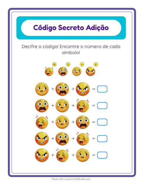 Pré-visualização da ficha de Adição Com Código com Emoções para Educação infantil (pré-escola, 5-7 anos)