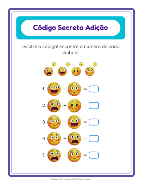 Pré-visualização da ficha de Adição Com Código com Emoções para Educação infantil (pré-escola, 5-7 anos)