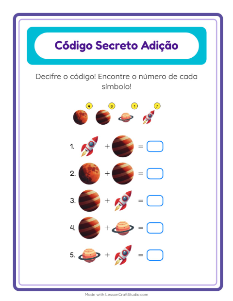 Pré-visualização da ficha de Adição Com Código com Espaço para Educação infantil (pré-escola, 5-7 anos)
