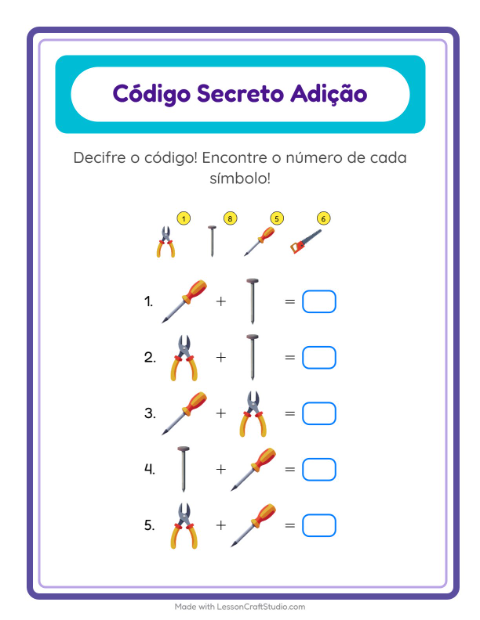 Pré-visualização da ficha de Adição Com Código com Ferramentas para Educação infantil (pré-escola, 5-7 anos)