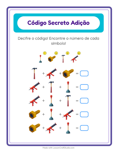 Pré-visualização da ficha de Adição Com Código com Ferramentas para Educação infantil (pré-escola, 5-7 anos)