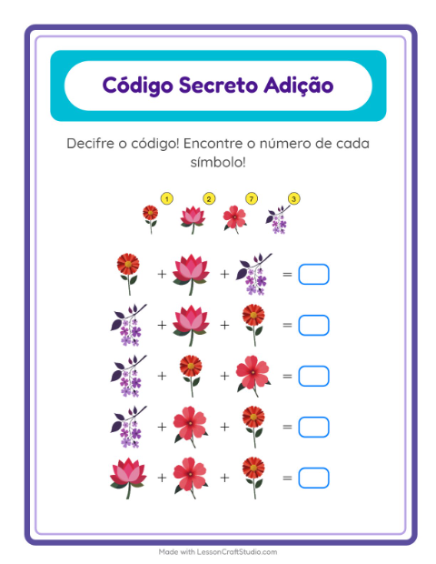 Pré-visualização da ficha de Adição Com Código com Flores para Educação infantil (pré-escola, 5-7 anos)
