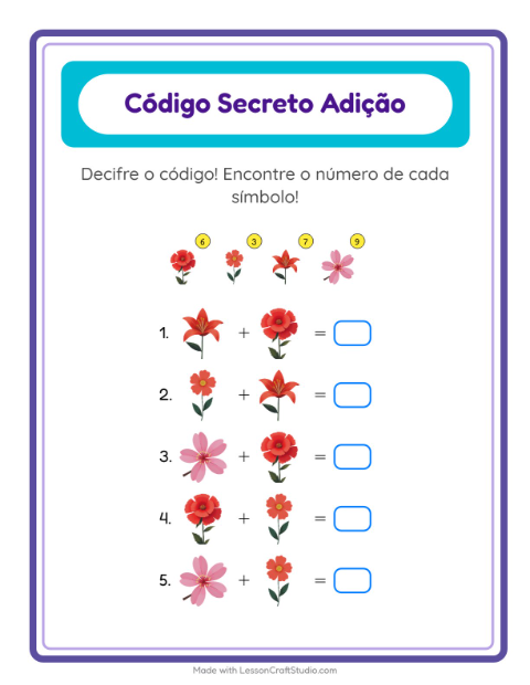 Pré-visualização da ficha de Adição Com Código com Flores para Educação infantil (pré-escola, 5-7 anos)