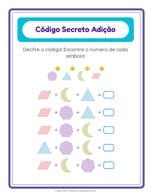 Pré-visualização da ficha de Adição Com Código com Formas para Educação infantil (pré-escola, 5-7 anos)