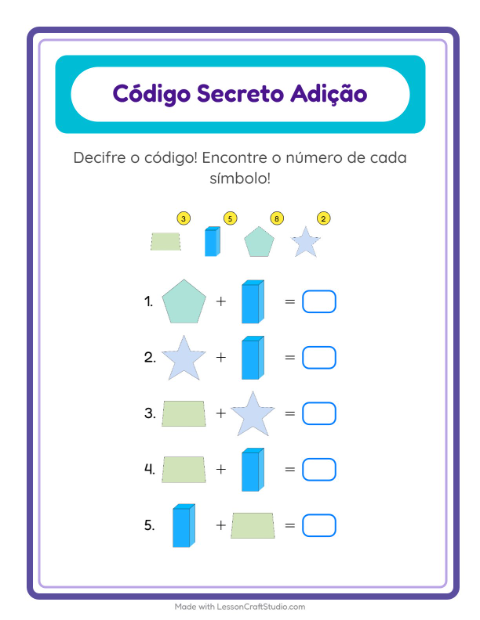 Pré-visualização da ficha de Adição Com Código com Formas para Educação infantil (pré-escola, 5-7 anos)