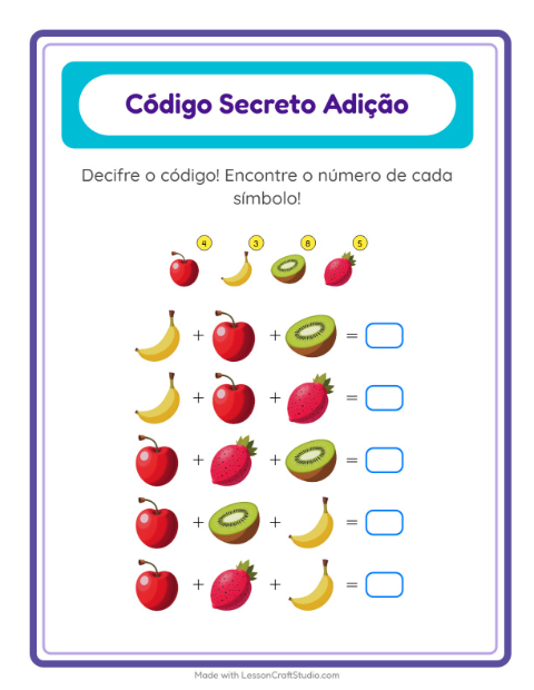 Adição com código – decifre e some com Frutas – atividade para o 1º ano — 2