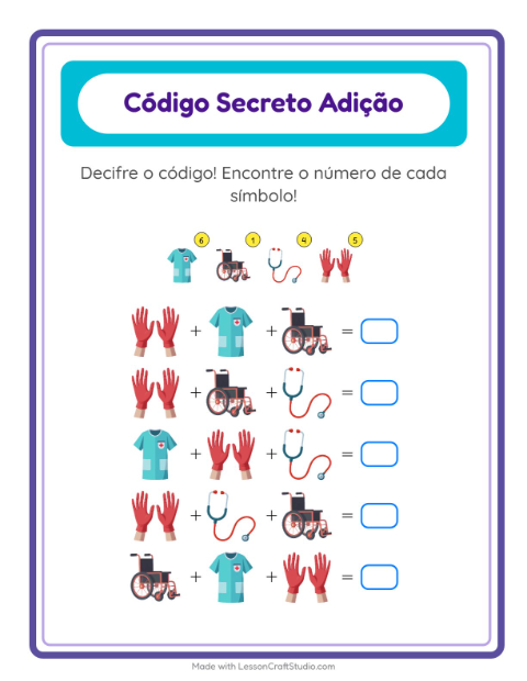 Pré-visualização da ficha de Adição Com Código com Hospital para Educação infantil (pré-escola, 5-7 anos)
