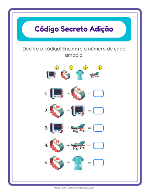 Pré-visualização da ficha de Adição Com Código com Hospital para Educação infantil (pré-escola, 5-7 anos)