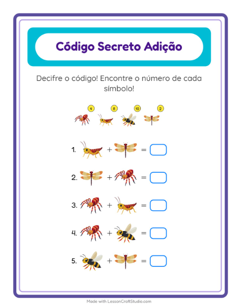 Pré-visualização da ficha de Adição Com Código com Insetos e bichos para Educação infantil (pré-escola, 5-7 anos)