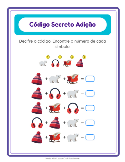 Pré-visualização da ficha de Adição Com Código com Inverno para Educação infantil (pré-escola, 5-7 anos)