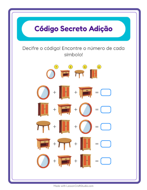 Pré-visualização da ficha de Adição Com Código com Móveis para Educação infantil (pré-escola, 5-7 anos)