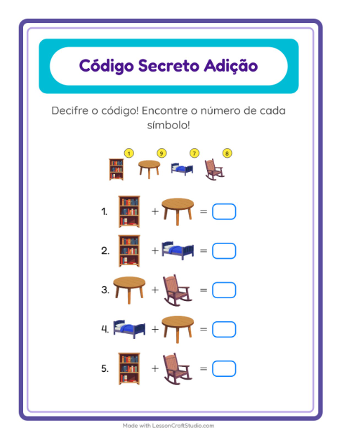 Pré-visualização da ficha de Adição Com Código com Móveis para Educação infantil (pré-escola, 5-7 anos)