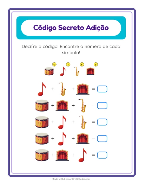 Pré-visualização da ficha de Adição Com Código com Música para Educação infantil (pré-escola, 5-7 anos)
