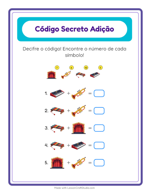 Pré-visualização da ficha de Adição Com Código com Música para Educação infantil (pré-escola, 5-7 anos)