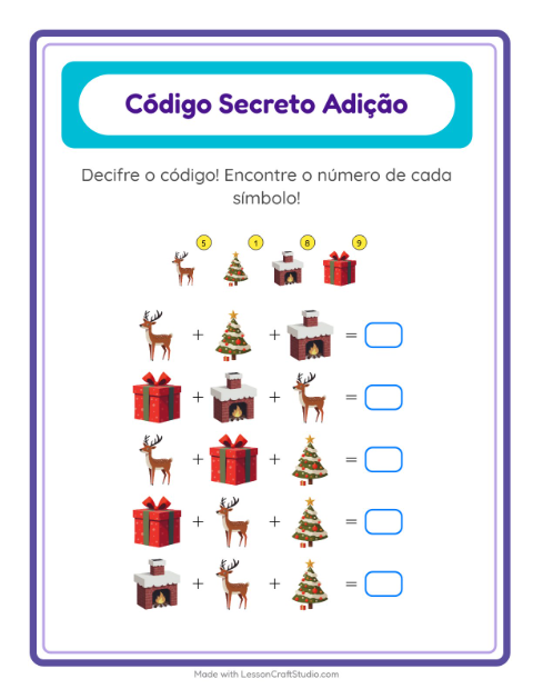 Pré-visualização da ficha de Adição Com Código com Natal para Educação infantil (pré-escola, 5-7 anos)