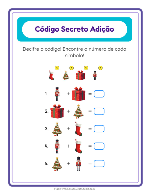 Pré-visualização da ficha de Adição Com Código com Natal para Educação infantil (pré-escola, 5-7 anos)