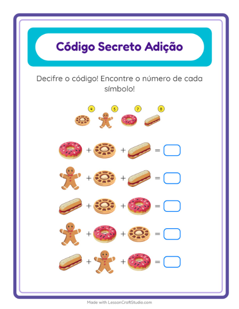 Pré-visualização da ficha de Adição Com Código com Padaria para Educação infantil (pré-escola, 5-7 anos)