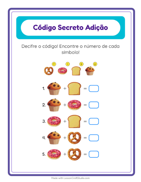 Pré-visualização da ficha de Adição Com Código com Padaria para Educação infantil (pré-escola, 5-7 anos)