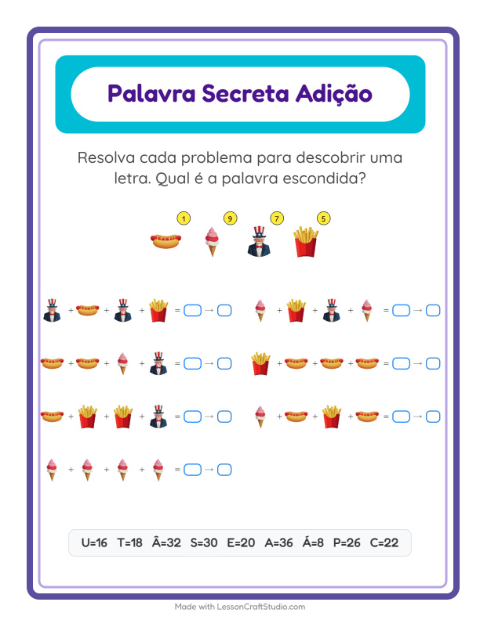 Pré-visualização da ficha de Adição Com Código com 4 de Julho para Educação infantil (pré-escola, 5-7 anos)