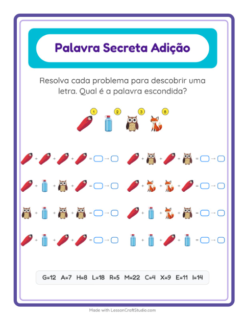Pré-visualização da ficha de Adição Com Código com Acampamento para Educação infantil (pré-escola, 5-7 anos)