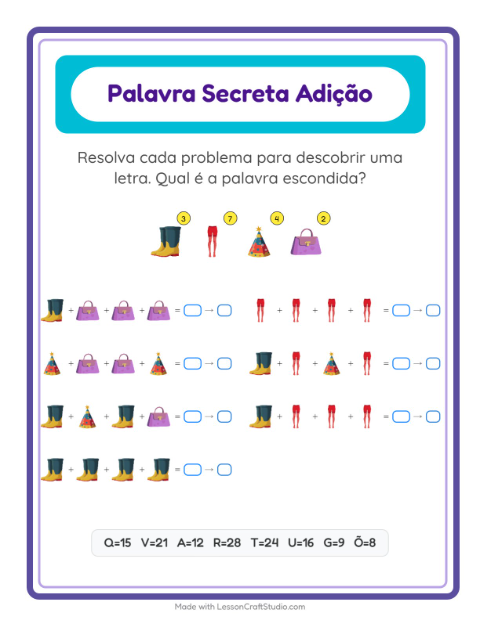 Pré-visualização da ficha de Adição Com Código com Acessórios para Educação infantil (pré-escola, 5-7 anos)