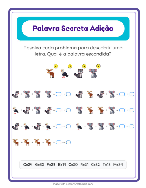 Pré-visualização da ficha de Adição Com Código com Animais para Educação infantil (pré-escola, 5-7 anos)