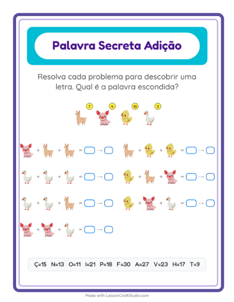 Pré-visualização da ficha de Adição Com Código com Animais da fazenda para Educação infantil (pré-escola, 5-7 anos)