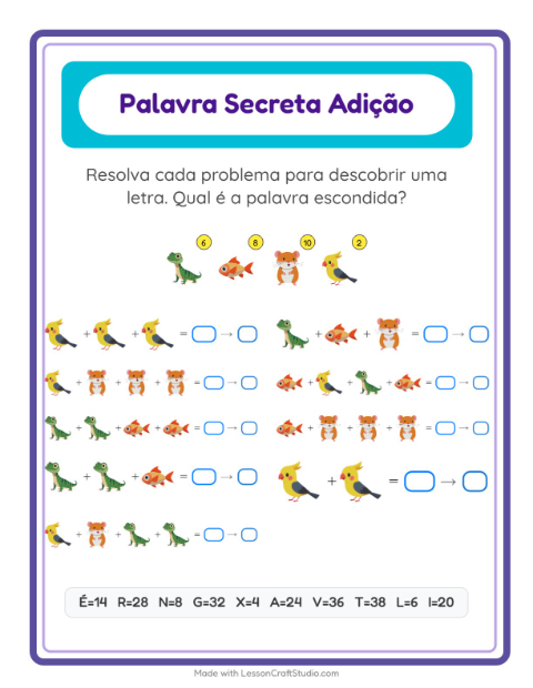 Pré-visualização da ficha de Adição Com Código com Animais de estimação para Educação infantil (pré-escola, 5-7 anos)