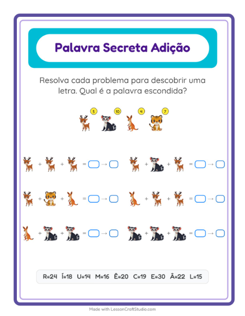 Pré-visualização da ficha de Adição Com Código com Animais do zoológico para Educação infantil (pré-escola, 5-7 anos)