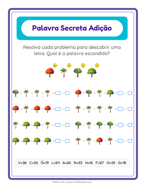 Pré-visualização da ficha de Adição Com Código com Árvores para Educação infantil (pré-escola, 5-7 anos)