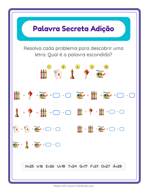 Pré-visualização da ficha de Adição Com Código com Brinquedos para Educação infantil (pré-escola, 5-7 anos)