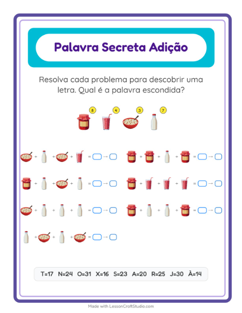 Pré-visualização da ficha de Adição Com Código com Café da manhã para Educação infantil (pré-escola, 5-7 anos)