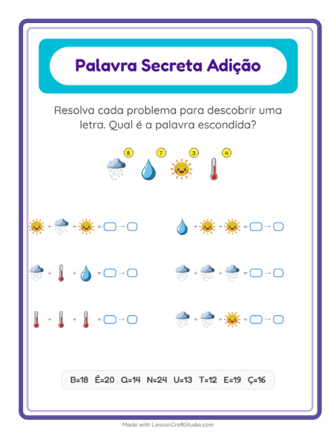 Pré-visualização da ficha de Adição Com Código com Clima para Educação infantil (pré-escola, 5-7 anos)