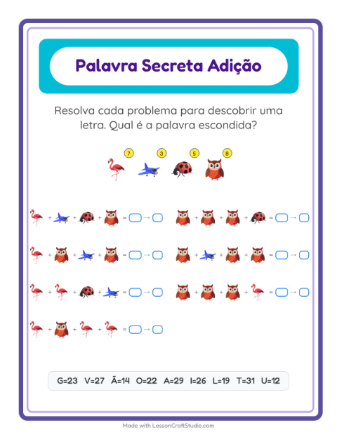 Pré-visualização da ficha de Adição Com Código com Coisas que voam para Educação infantil (pré-escola, 5-7 anos)