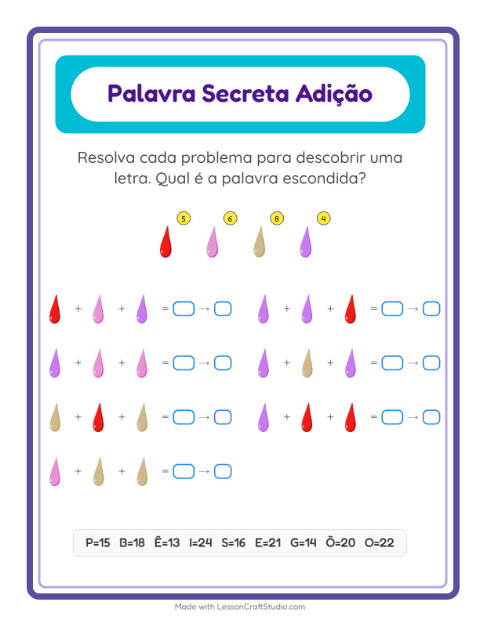 Pré-visualização da ficha de Adição Com Código com Cores para Educação infantil (pré-escola, 5-7 anos)