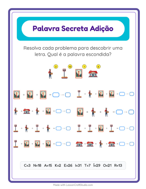 Pré-visualização da ficha de Adição Com Código com Correios para Educação infantil (pré-escola, 5-7 anos)