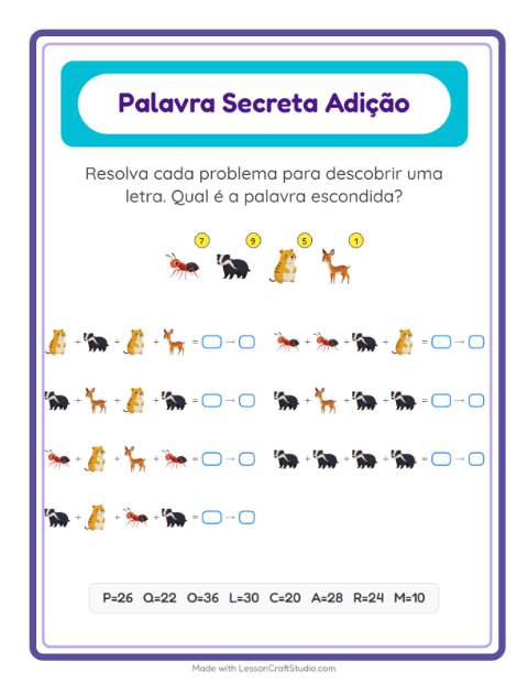 Pré-visualização da ficha de Adição Com Código com Criaturas da floresta para Educação infantil (pré-escola, 5-7 anos)