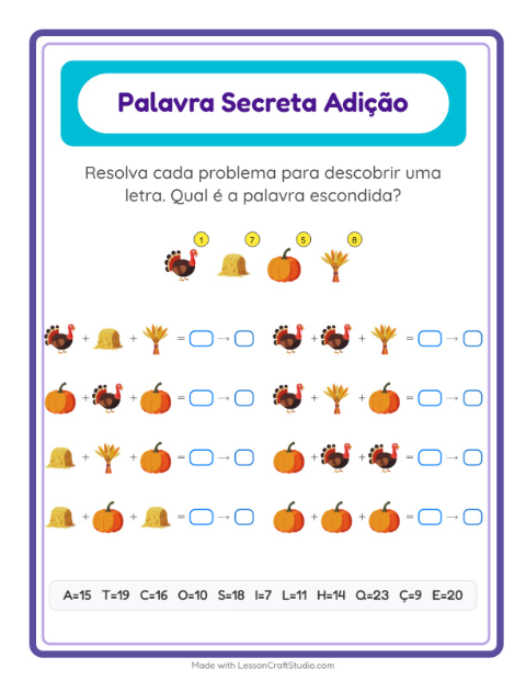 Pré-visualização da ficha de Adição Com Código com Dia de Ação de Graças para Educação infantil (pré-escola, 5-7 anos)