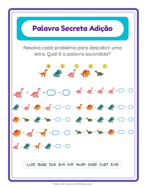 Pré-visualização da ficha de Adição Com Código com Dinossauros para Educação infantil (pré-escola, 5-7 anos)