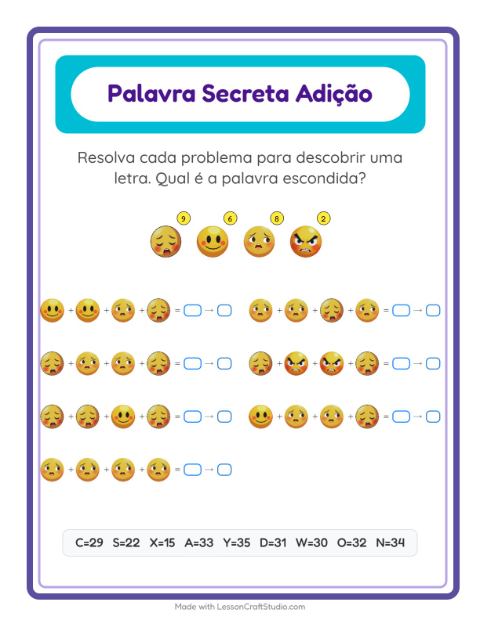 Pré-visualização da ficha de Adição Com Código com Emoções para Educação infantil (pré-escola, 5-7 anos)
