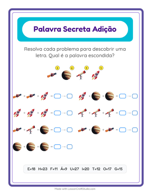 Pré-visualização da ficha de Adição Com Código com Espaço para Educação infantil (pré-escola, 5-7 anos)