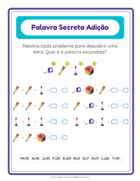 Pré-visualização da ficha de Adição Com Código com Ferramentas para Educação infantil (pré-escola, 5-7 anos)