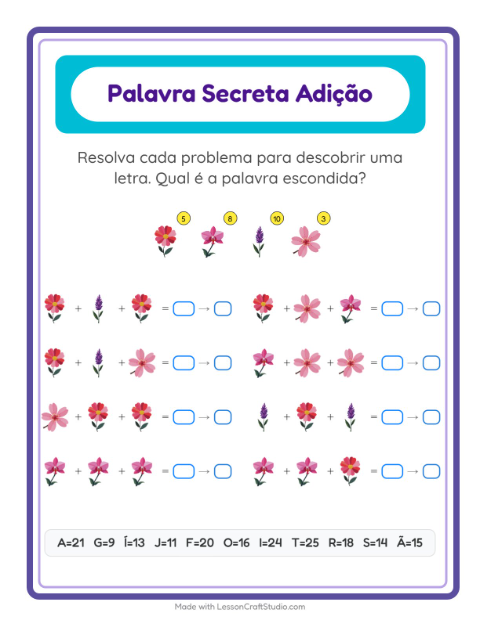 Pré-visualização da ficha de Adição Com Código com Flores para Educação infantil (pré-escola, 5-7 anos)